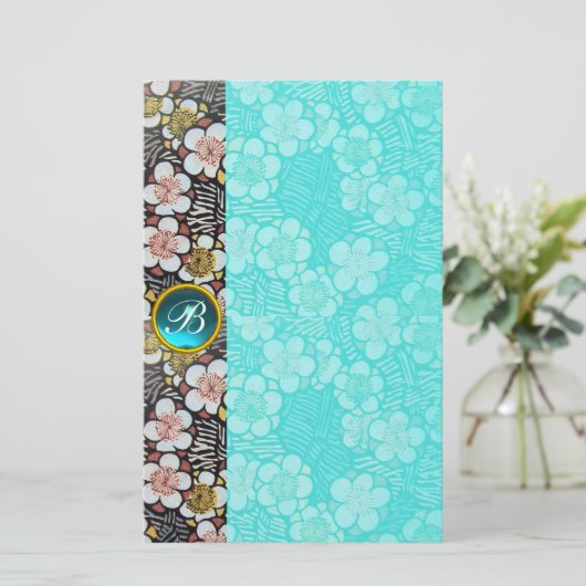 俳句/白黒春の花ブルージェムモノグラム 便箋 (スタンド正面)