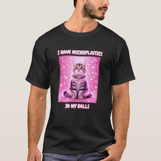 俺の睾丸にマイクロプラスチックが入ってるぜ、面白い猫のミームだぜ Tシャツ (正面)