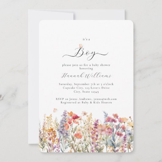 俺は少年だ!ワイルドフラワーモダン、ベビーシャワー 招待状 (正面)