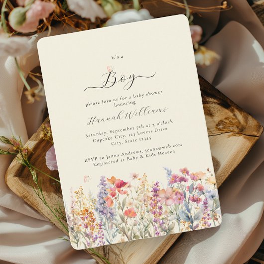 俺は少年だ!ワイルドフラワーモダン、ベビーシャワー 招待状