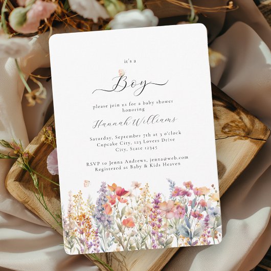 俺は少年だ!ワイルドフラワーモダン、ベビーシャワー 招待状