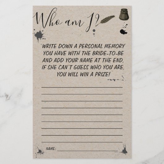 俺は誰だ？ |ペンとインクウェルブライダルシャワーゲームカード チラシ (正面)