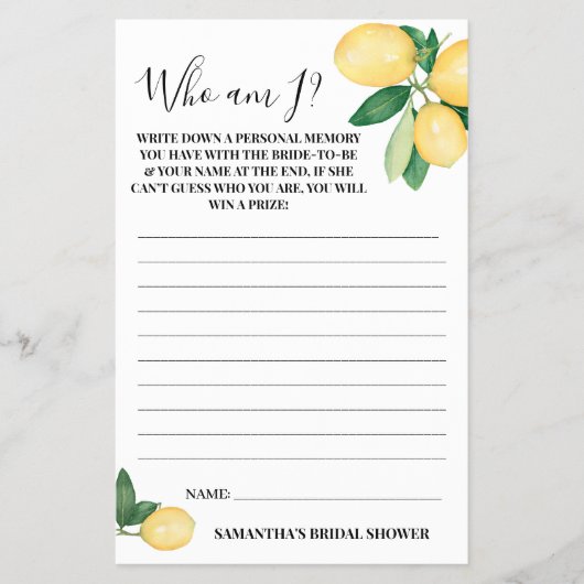俺は誰だ？レモンブライダルシャワーゲームカード チラシ (正面)