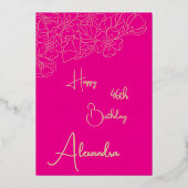 個人のピンクと金ゴールドの名前と古い誕生日カード 箔招待状 (正面)