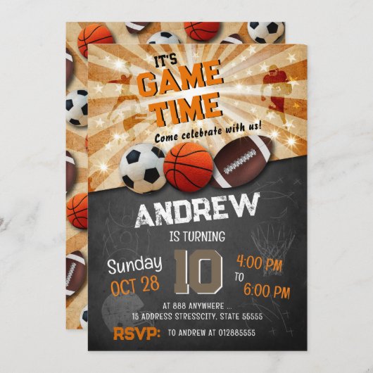 個人のモダンすべてのスタースポーツの誕生日 招待状 (正面/裏面)