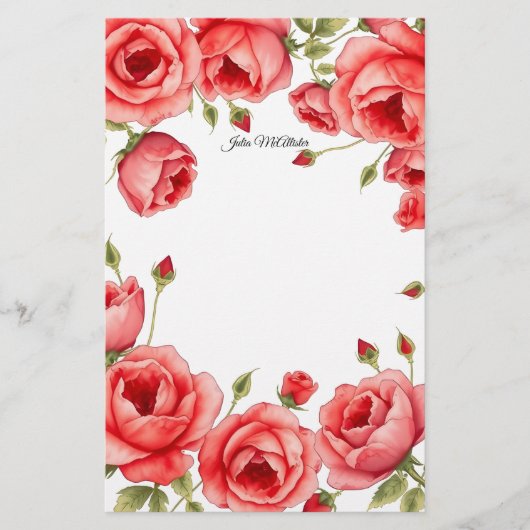 個人エレガント用ス縁どクリプト付き赤いバラ 便箋 (正面)