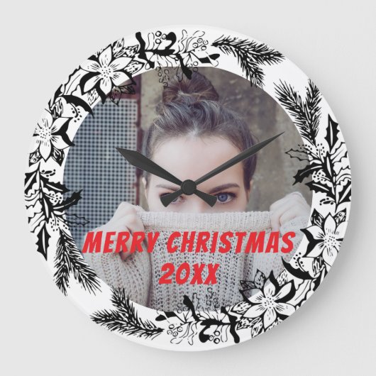 個人カスタムクリスマスフォトブラック ラージ壁時計 (正面)