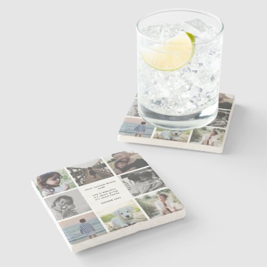 個人カスタムメッセージと家族の写真コラージュ ストーンコースター (横)