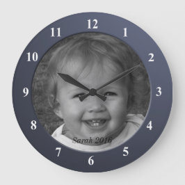 個人カスタム写真と文字の青い枠 ラージ壁時計