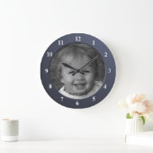 個人カスタム写真と文字の青い枠 ラージ壁時計 (ホーム)