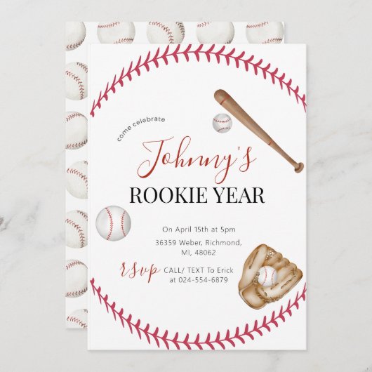 個人シンプル野球誕生会 招待状 (正面/裏面)