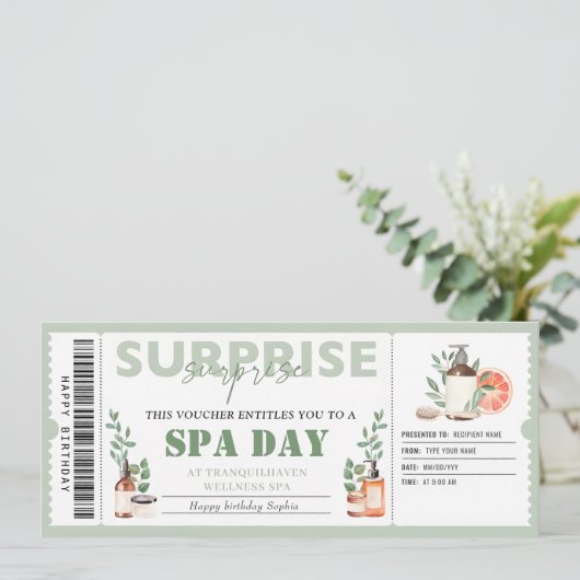 個人スパ日ギフトチケット誕生日伝票 招待状 (スタンド正面)