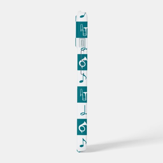 個人ティール(緑がかった色)とホワイトミュージックノートの楽器 iPhone 15ケース (左側面)