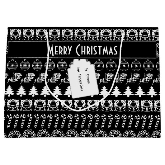 個人化して下さい: 白黒クリスマスは縞で飾ります ラージペーパーバッグ