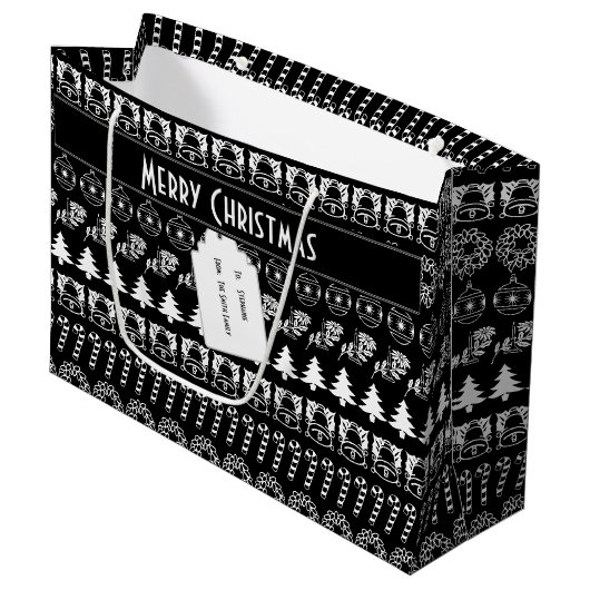 個人化して下さい: 白黒クリスマスは縞で飾ります ラージペーパーバッグ