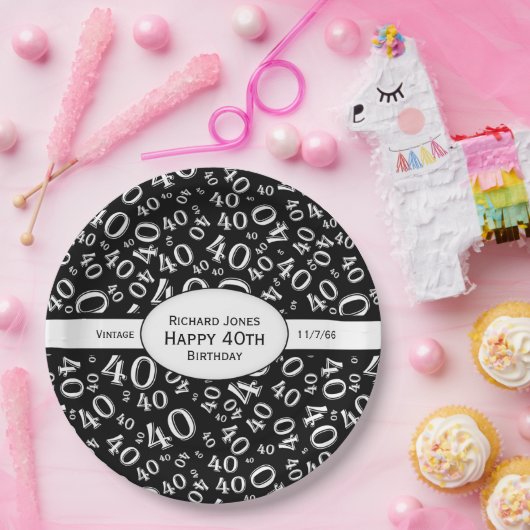 個人化して下さい:  白黒第40誕生日のテーマ ペーパープレート (パーティー)