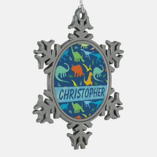 個人化なるべきカラフルな恐竜パターン スノーフレークピューターオーナメント (左)