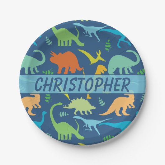 個人化なるべきカラフルな恐竜 ペーパープレート (正面)
