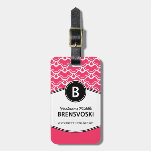 個人化なるシックな女性ショッキングピンクのモノグラム ラゲッジタグ (正面縦)