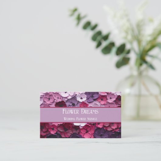 個人名の紫とピンクの花デザイン 名刺 (スタンド正面)