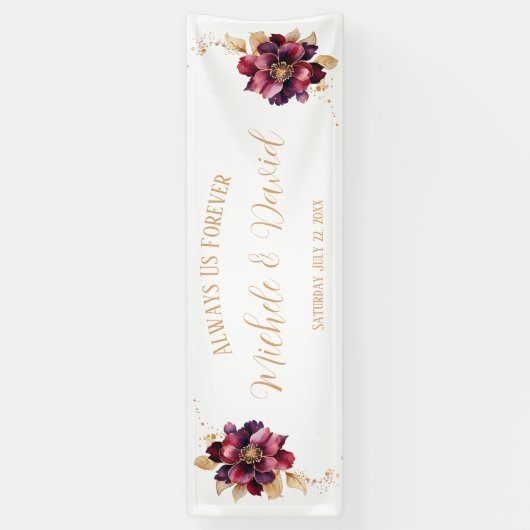 個人名エレガント付Dateホワイト金ゴールドBurgundy 横断幕 (縦)