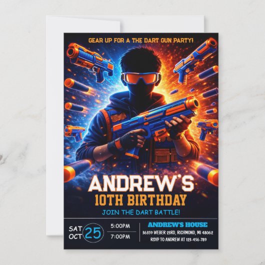 個人戦Nerfダートブラスター誕生日 招待状 (正面)
