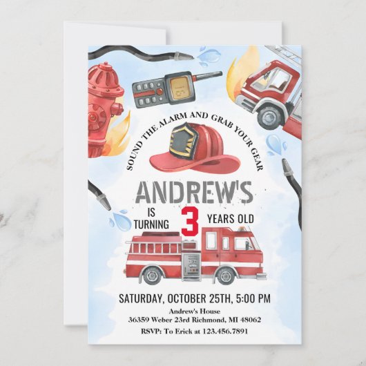 個人消防士ファイアトラック誕生日パーティー 招待状 (正面)
