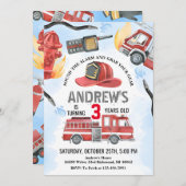 個人消防士ファイアトラック誕生日パーティー 招待状 (正面/裏面)