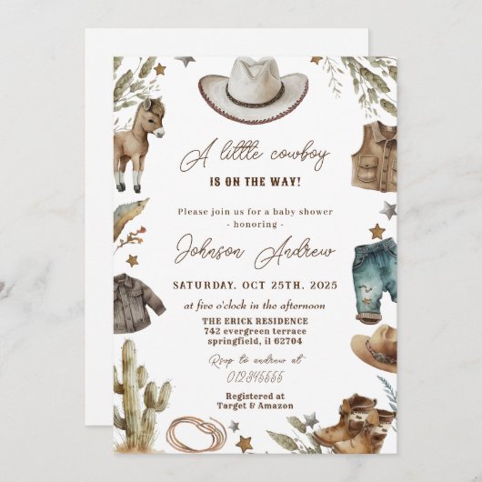 個人用のウェスタンカウボーイ赤ちゃんシャワー 招待状 (正面/裏面)