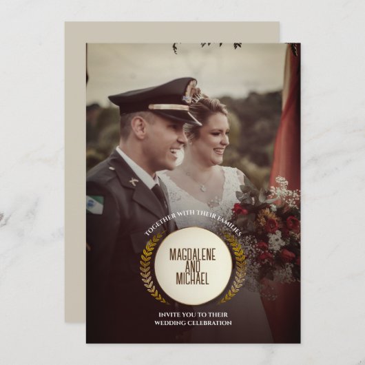 個人用の写真 |金ゴールド葉ローレル結婚ズ 招待状 (正面/裏面)