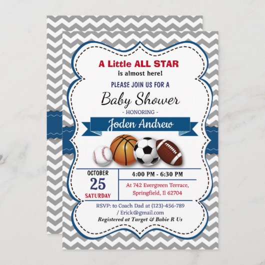 個人用の小さなオールスターベビーシャワー 招待状 (正面/裏面)