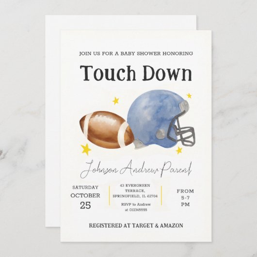 個人用の小さなサッカーベビーシャワー水色 招待状 (正面/裏面)