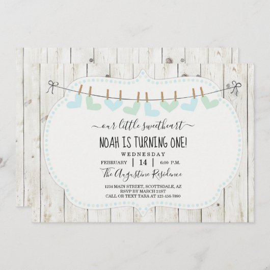 個人用の少年バレンタインデーの初誕生パーティー 招待状 (正面/裏面)