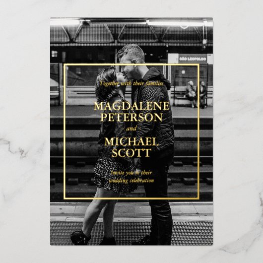 個人用の白黒フォト金ゴールドフレーム 箔招待状 (正面)