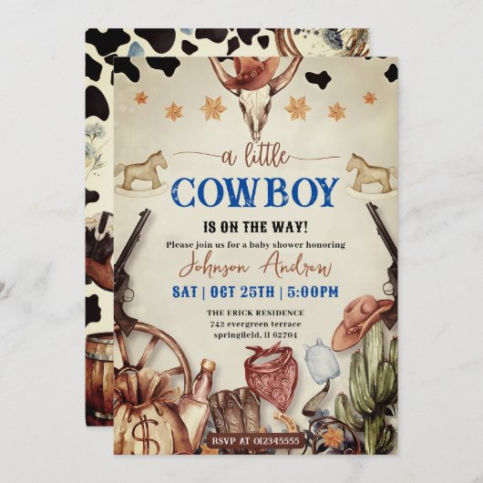 個人用の西の小さな牛の少年の赤ちゃんシャワー 招待状 (正面/裏面)