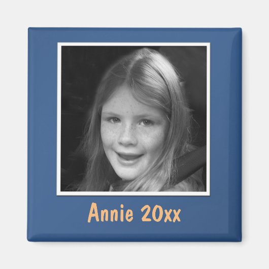 個人用の青いあいさつカスタム文の写真と文字 マグネット (正面)