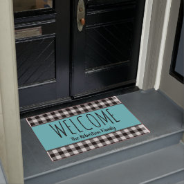 個人用ファームハウスブラックバッファローチェック&ティール（緑がかった色） ドアマット