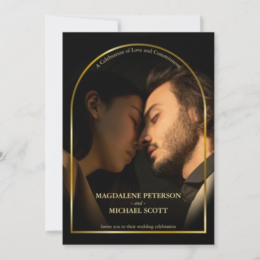 個人用フォト金ゴールドアーチフレームブラック結婚ズ 招待状 (正面)