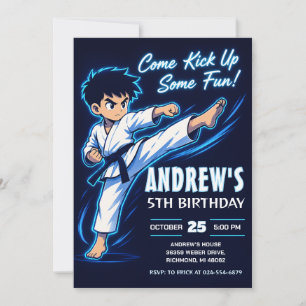 個人用ブルーネオン空手少年戦士の誕生日 招待状