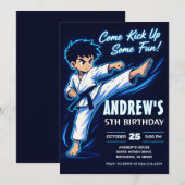 個人用ブルーネオン空手少年戦士の誕生日 招待状 (正面/裏面)