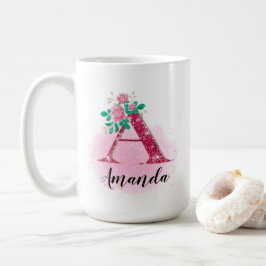 個人用マグ、グリッターAモノグラム、名前をカスタムする コーヒーマグカップ