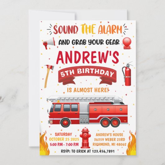 個人用モダン消防車誕生日 招待状 (正面)