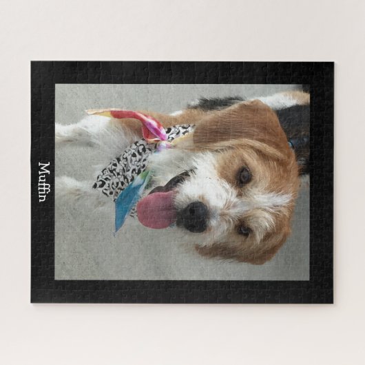 個人用犬の写真と名前/黒 ジグソーパズル (横)