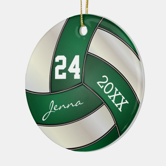 個人用設定 – ダークグリーンとホワイトバレーボール セラミックオーナメント (左)