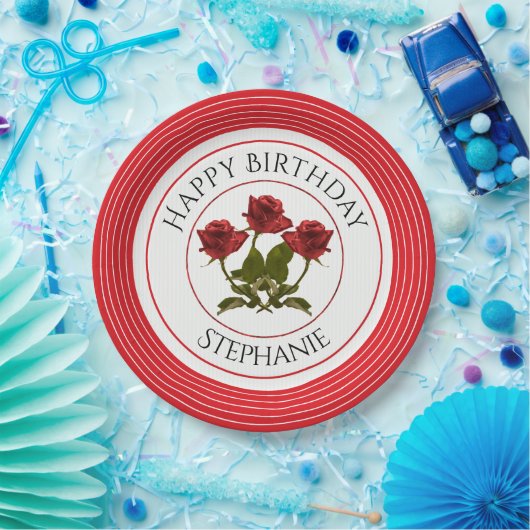 個人用設定： 誕生日レッドローズ花の写真 ペーパープレート (パーティー)