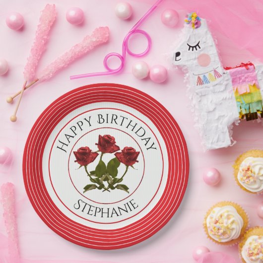 個人用設定： 誕生日レッドローズ花の写真 ペーパープレート (パーティー)