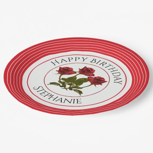 個人用設定： 誕生日レッドローズ花の写真 ペーパープレート (アングル)