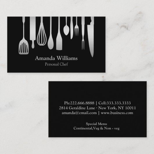 個人的なシェフのケータリングの台所銀の道具 名刺 (正面/裏面)