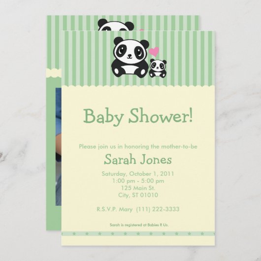 個人的な写真のパンダのベビーシャワー-緑 招待状 (正面/裏面)