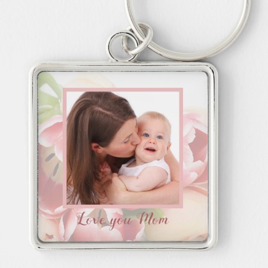 個人的な写真の幸せな母の日のモモの花柄 キーホルダー (正面)